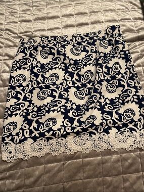 Talbots Navy and White Floral Lace-Trim Mini Skirt